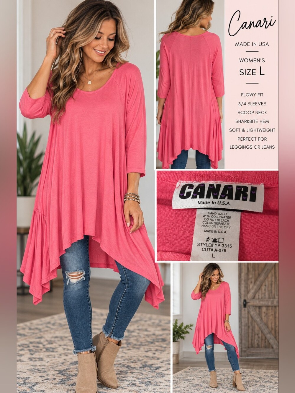 Canari Pink Sharkbite Tunic Top Women’s Large 3/4 Sleeve Made in USA Boho Flowy